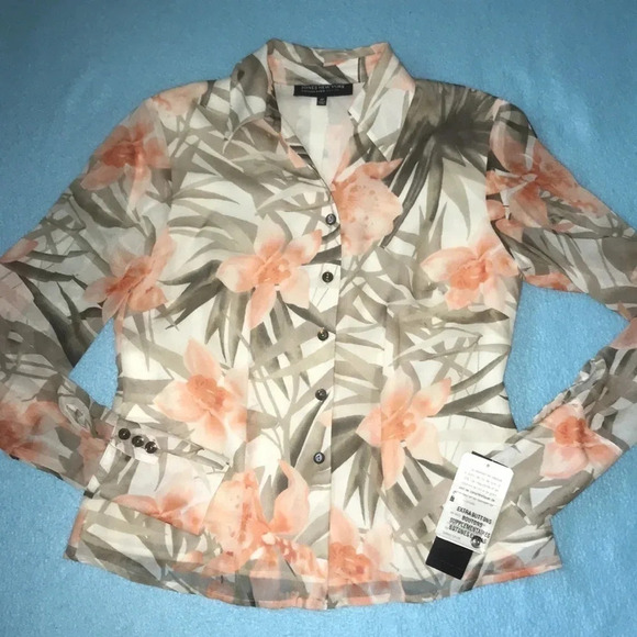 JONES NEW YORK COLLECTION silk semi-sheer long sleeve button up top NEW size 2P - Picture 1 of 13